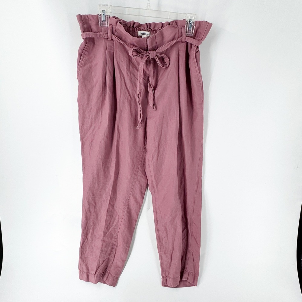 LOFT Women Pink Paperbag Waist Tapered Linen Blend Pants Tie Belt Size L